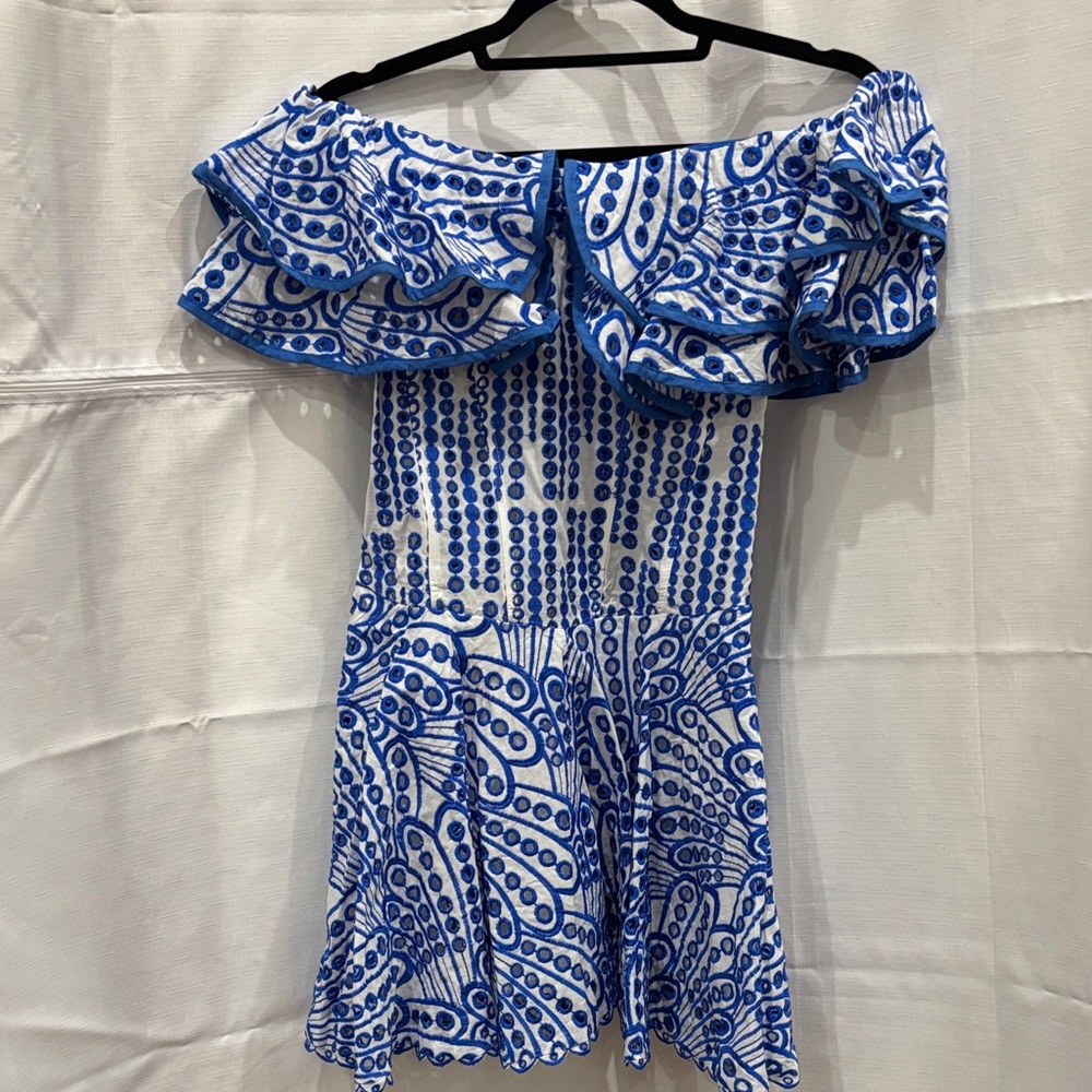 Blue and White Off-Shoulder Dress